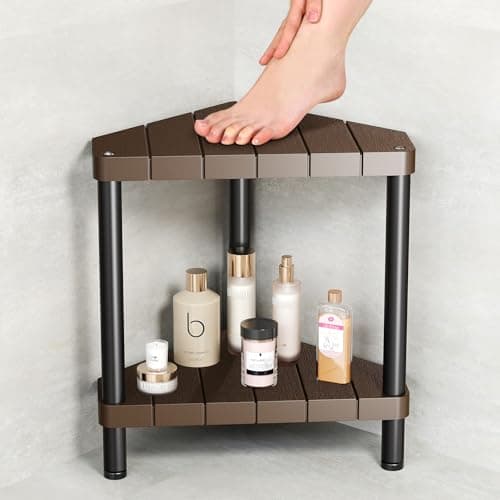 Non-Slip Brown Shower Bench for Inside Corner Showers with Adjustable Feet