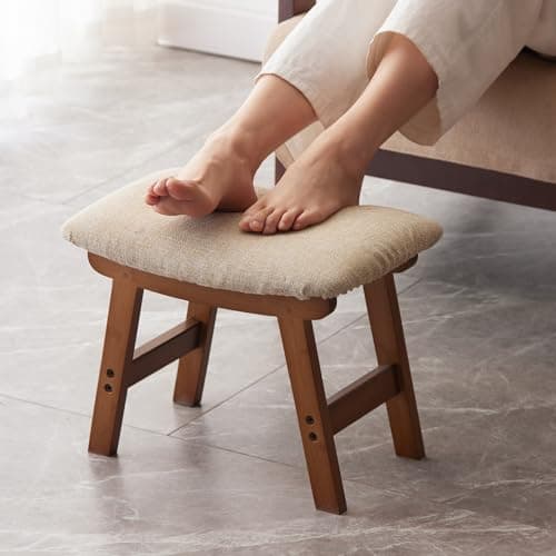 Bamboo Desk Foot Stool, Black Legs & Surface - Extra Seating — Brown Stool Legs - Beige Surface
