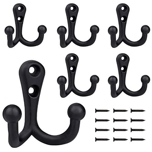 6-pack Heavy Duty Vintage Coat Hooks with Double Prongs for Wall Mounting - Black