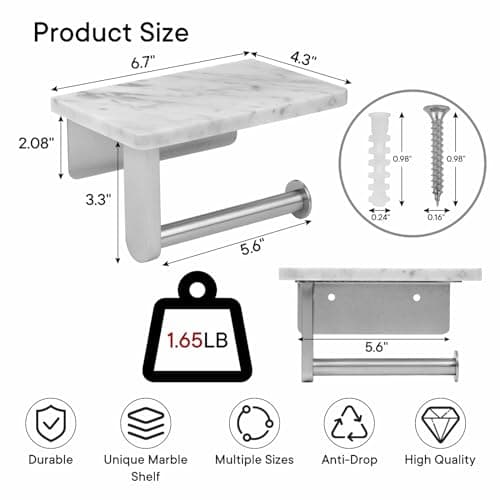 Brushed Nickel Natural Marble Toilet Paper Holder, Wall Mounted for Bathroom Washroom