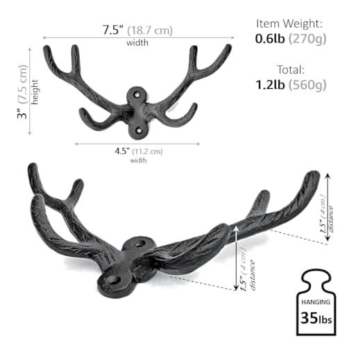 Vintage Black Rustic Farmhouse Ambipolar 2-Pack Deer Antler Style Coat Hooks