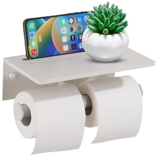 Rustproof Black 3M Adhesive Toilet Paper Holder with Phone Shelf — Matte White - 2 Roll
