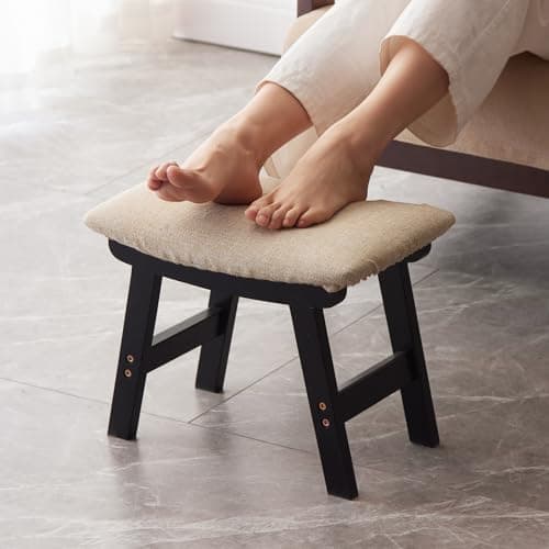 Bamboo Desk Foot Stool, Black Legs & Surface - Extra Seating — Black Stool Legs - Beige Surface