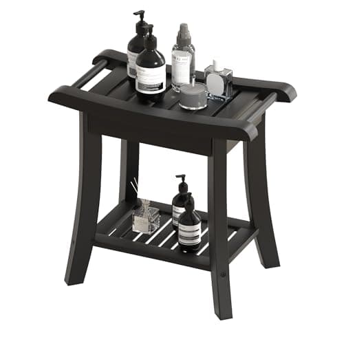 Black Bamboo Shower Bench Stool with Storage for Small Spaces — Black