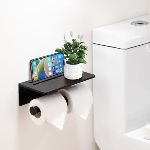 Rustproof Black 3M Adhesive Toilet Paper Holder with Phone Shelf