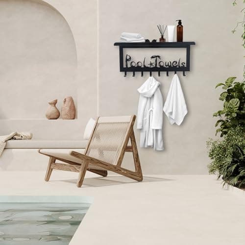 OYEFLY Wall Mount Towel Rack with 8 Hooks & Shelf (Black)