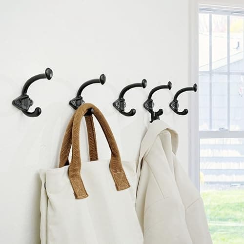 Skoolo Black Cast Iron Wall Hooks, Pack of 5 - Farmhouse Style, Dual-Direction Hanger