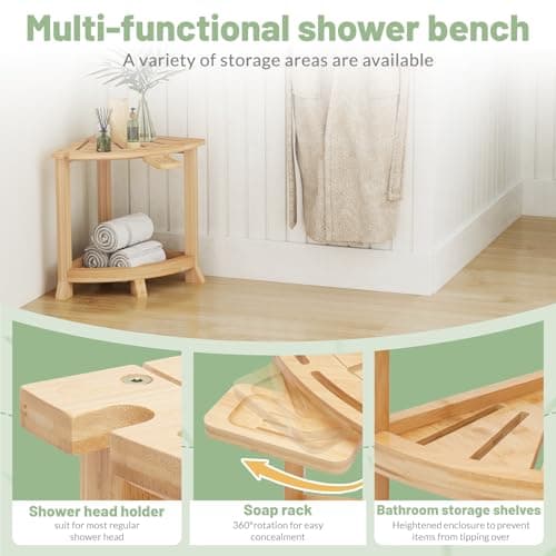 Bamboo Shower Bench with Storage, Non-Slip Waterproof Seat for Elderly, Shavingecess, 18 Inches