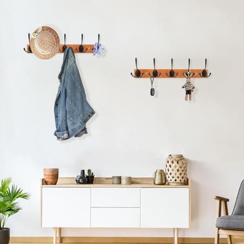 Wall Mounted Coat Rack with 5 Hooks, Wooden and Metal Design for Entryway