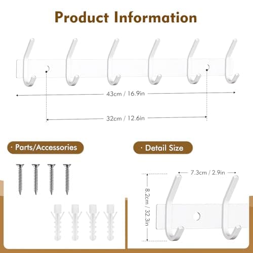 FANYITY 2 Pack White Wall Mount Coat Hook, 6 Dual Hooks for Entryway