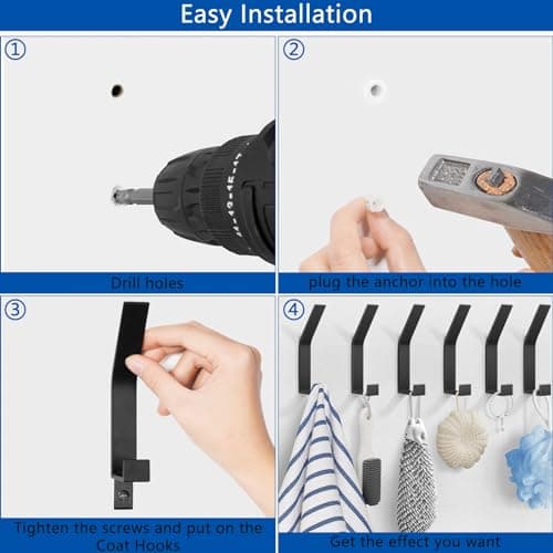 Heavy Duty Black Wall Hooks - 6 Pack Coat Rack with Towel Hooks