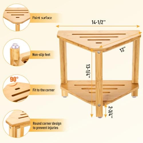 IBosins Corner Shower Stool - Bamboo Wood Shower Bench with Storage for Shaving Legs