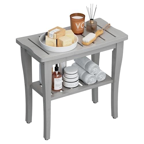 Bamboo Waterproof Shower Bench Stool with Storage, Ideal for Adults & Seniors Indoors or Outdoors — Gray