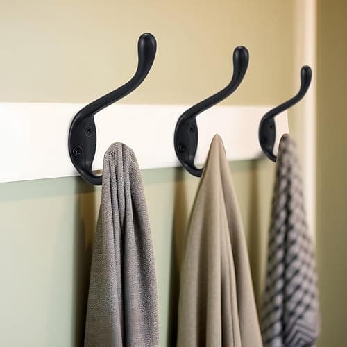 Durable Wall Mounted Coat Hooks - 5 Pack - Matte Black Double Prongs for Hanging Clothes/Towels