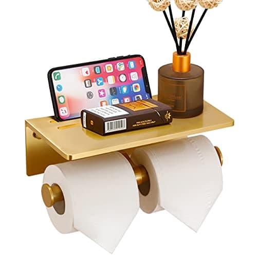 Rustproof Black 3M Adhesive Toilet Paper Holder with Phone Shelf — Gold-2 Roll