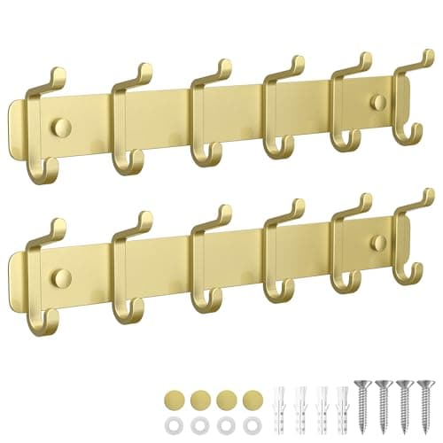 Pickpiff Heavy Duty Black Coat Hook Rail with 6 Dual Hooks for Mudroom, Entryway, and More — Gold