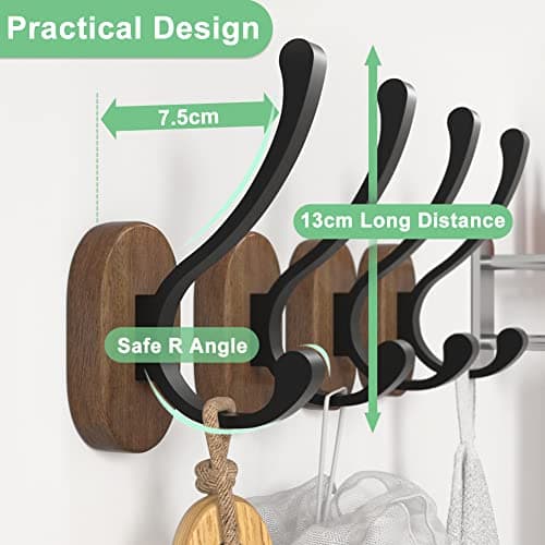 4 Pack Wood Wall Hooks for Coats, Hats, Keys & Towels