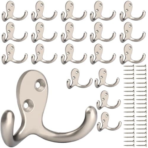 IBosins 28-Pack Heavy Duty Double Prong Coat Hooks Wall Mount Utility Hooks — 20 Pcs Silvery