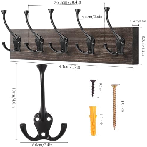 IBosins 2-Pack Rustic Wall-Mount Coat Rack with Hooks - 17'' Old Wood Color for Entryway and Living Room