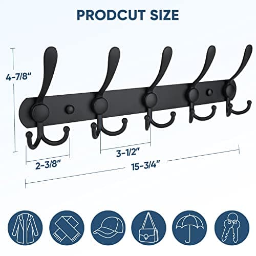 Wall Mounted Coat Rack with Five Tri Hooks (2-Pack) - Matte Black, Heavy Duty Metal Construction for Mudroom Entryway