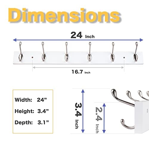 2 Pack 24 Inch Wall Mounted Coat Rack with 6 Hooks, Satin Nickel & White