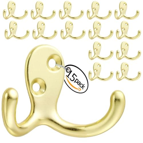 Bronze Double Prong Coat Hooks - 8 Pack, Wall Mounted, Heavy-Duty for Living Room & More — 15pcs Gold