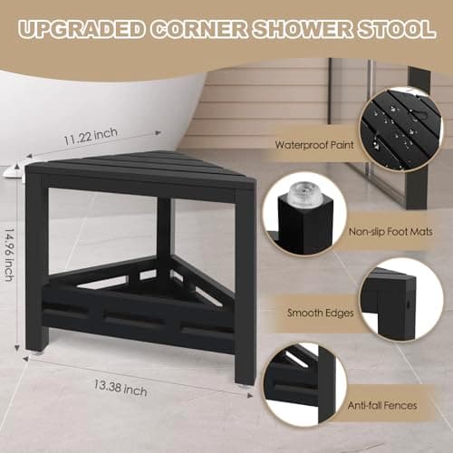 Updated Bamboo Corner Shower Stool, Waterproof with Storage, Anti-Slip Pad (Black)