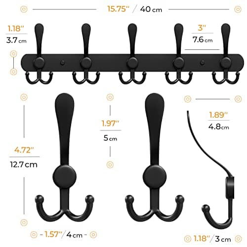 Heavy Duty Black Stainless Steel Coat Rack - 16 Inch Wall Mount - 5 Hooks