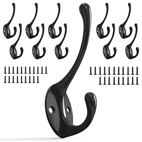 10 Pack Heavy Duty Black Wall Hooks for Mudroom, Backpacks, Robes + 30 Screws — 10PCS + Double long Hooks