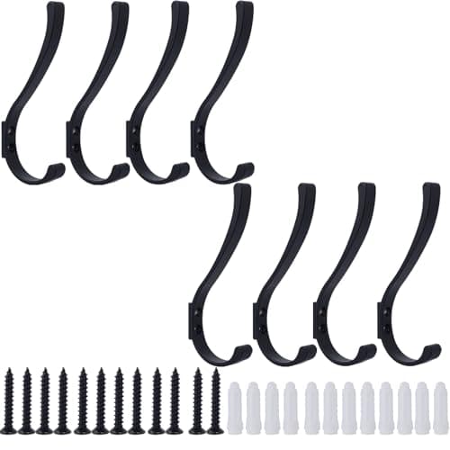 10-Pack Metal Hanging Coat Hooks, Wall Mount, Heavy Duty Screws — Black