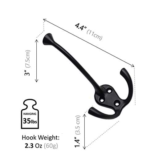 HARPOON 5 Pack Heavy Duty Three Flared Prongs Coat Hooks, Black