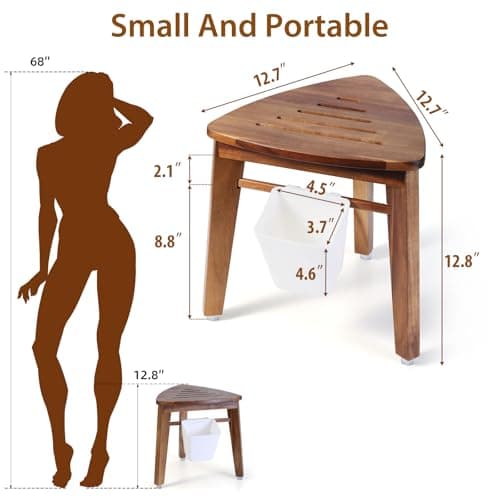 Acacia Wood 12.8'' Shower Stool with Storage Shelf for Small Showers