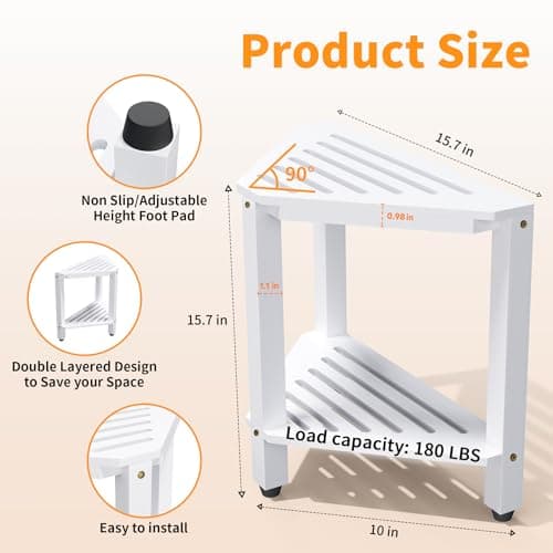 White Acacia Wood Shower Foot Rest with Storage - 15" Stool for Legs