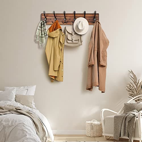 Brown Wooden Heavy Duty Coat Rack with 6 Hooks