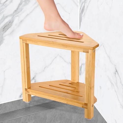IBosins Corner Shower Stool - Bamboo Wood Shower Bench with Storage for Shaving Legs