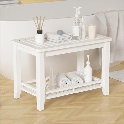 Forevich Bamboo Shower Bench Stool with Storage Shelf Black — White