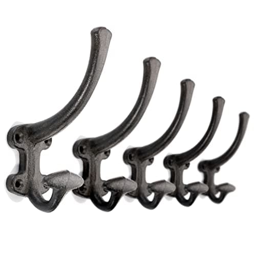 Ambipolar Vintage Antique Black Heavy Duty Double Wall Hooks, 5-Pack Mudroom Coat Rack