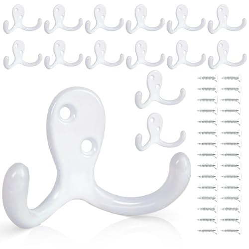10 Pack Heavy Duty Wall Hooks for Coats, Bags, and Towels - Metal Double Prong (Black) — White-15pack