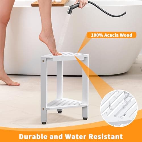 White Acacia Wood Shower Foot Rest with Storage - 15" Stool for Legs