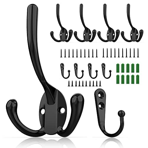 10 Pack Heavy Duty Black Wall Hooks for Mudroom, Backpacks, Robes + 30 Screws