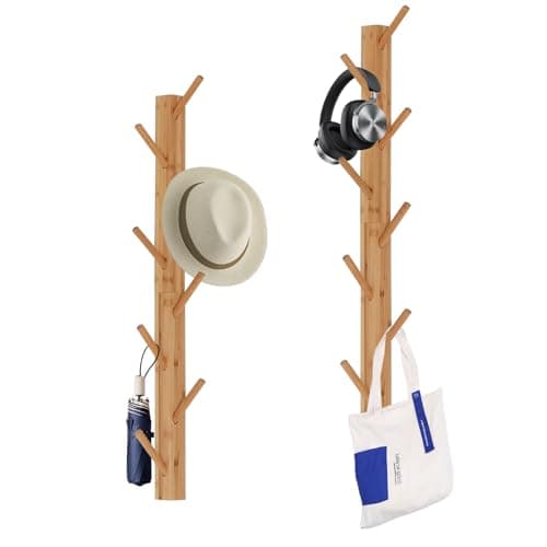2-Pack Natural Bamboo Wood WallHooks 8-Coat Rack Entryway