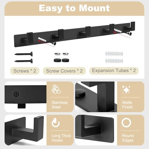 Black Metal Coat Rack, 5 Hooks, Heavy Duty, Wall Mount, Entryway, Bathroom, Garage, RV, 1 PC
