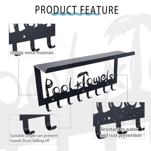 OYEFLY Wall Mount Towel Rack with 8 Hooks & Shelf (Black)