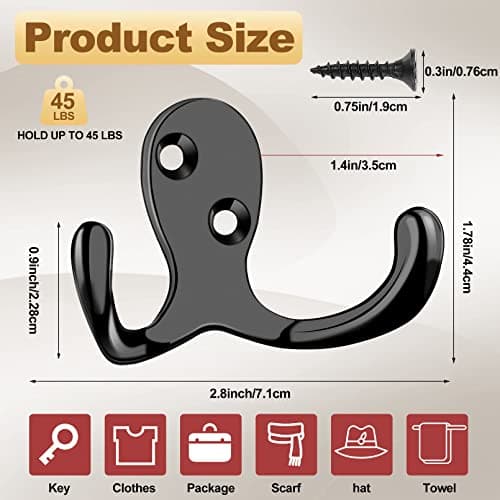 20 Pcs Heavy Duty Double Prong Coat Hooks with Screws for Bathroom Kitchen Entryway (Black)