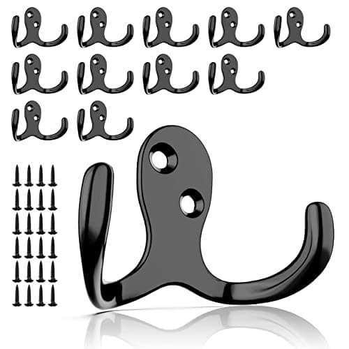 10 Pack Heavy Duty Black Wall Hooks for Mudroom, Backpacks, Robes + 30 Screws — 12PCS + Double Hooks