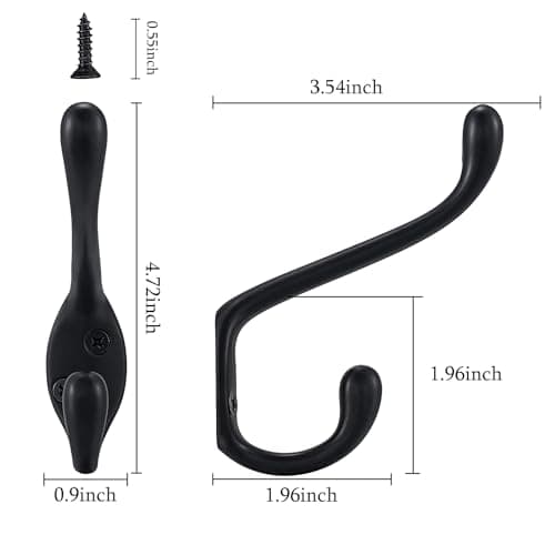 Durable Wall Mounted Coat Hooks - 5 Pack - Matte Black Double Prongs for Hanging Clothes/Towels