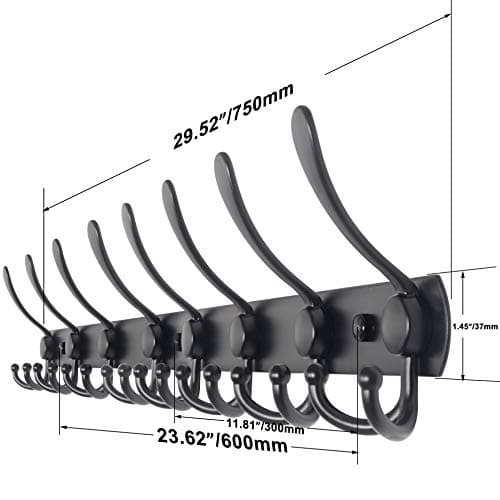 WEBI Long 8-Tri Hook Coat Rack, 30 Inch Rail, Wall Mount Black