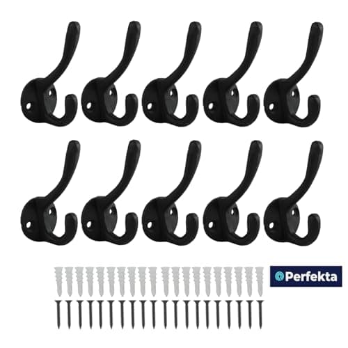 10-Piece Black Double-Prong Wall Hook Set – Heavy-Duty Metal Hangers for Coats, Towels & More – Decorative Home Organiza