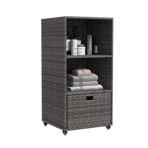 Kinbor PE Rattan Outdoor Pool Towel Storage Cabinet with Shelves & Drawer