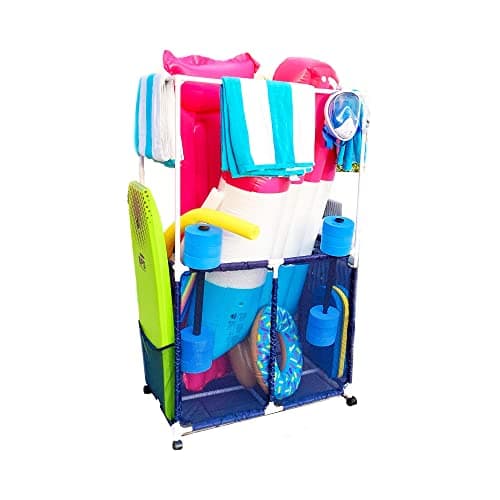 Large Towel Hanger with Drying Bars, Multi-Use Storage Bin, White — Blue/White